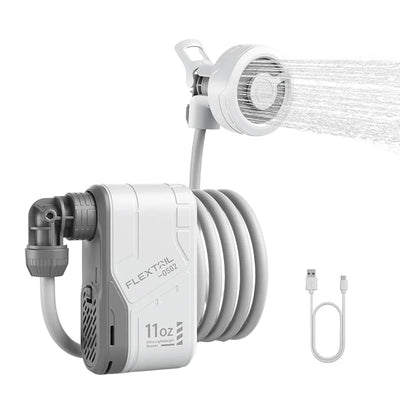 Portable shower with flexible hose and water nozzle on a white background