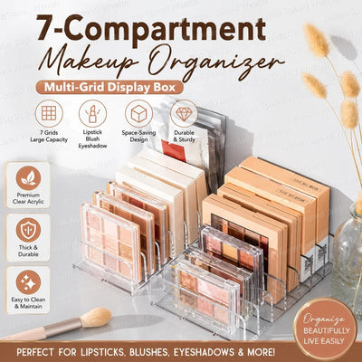 Nice Top Teck clear acrylic 7-compartment makeup organizer holding eyeshadow palettes on a vanity table