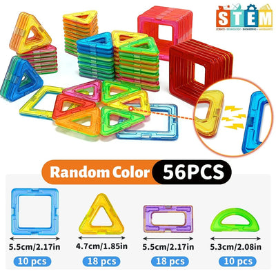 Nice Top Teck 56-piece magnetic building block set with colorful plastic squares and triangles for STEM learning.