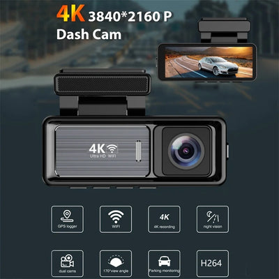 كاميرا داش كام 4K — محتويات العلبة مع الكاميرا الخلفية والكابلات