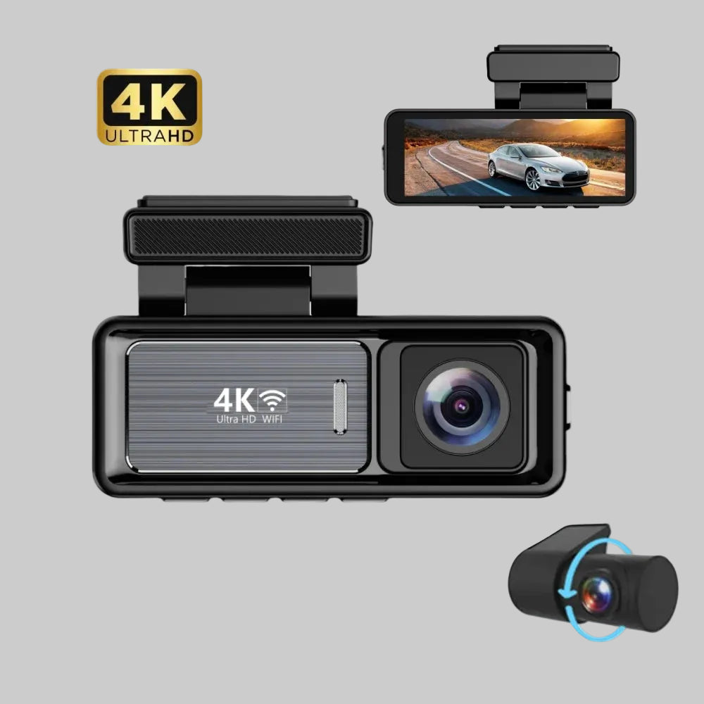 كاميرا داش كام 4K أمامية وخلفية — لقطة أمامية تظهر شاشة اللمس 3.2 بوصة