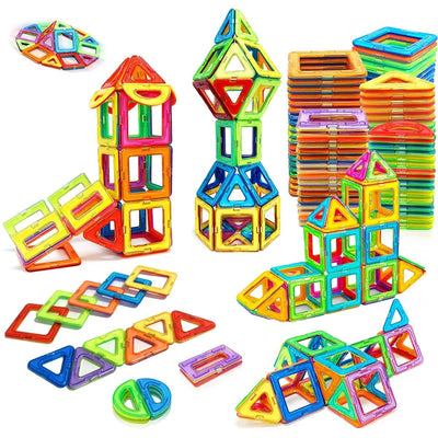 Nice Top Teck magnetic building blocks in vibrant rainbow colors, featuring various geometric shapes for STEM play.